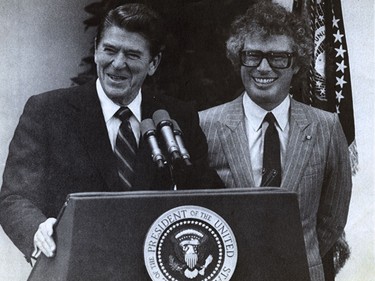 President Ronald Reagan speaks during a ceremony in the Rose Garden at the White House before presenting Ambassador Ken Taylor with the Congressional Gold Medal.