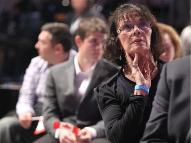 Elizabeth Soros watches with concern as the results indicate a Liberal majority at Stephen Harper's campaign party Monday night October 19, 2015.