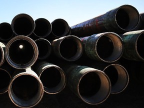 Drilling pipe is stacked on a lease.