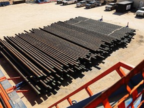 Drilling pipes for a drilling rig in the Permian Basin are pictured in this February 2015 file photo.