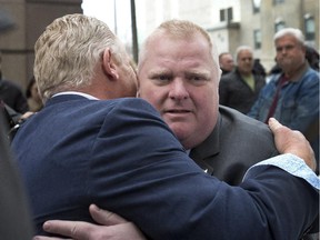 Doug Ford (left) hugs his brother, former Toronto mayor Rob Ford. Reader says if Doug Ford becomes leader of the federal PC party, he will never vote for them again.