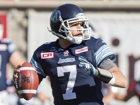 Toronto Argonauts quarterback Trevor Harris throws a pass during second half CFL football action against the Montreal Alouettes in Montreal earlier this month. Given the season Harris and the Toronto Argonauts have endured, it's only fitting the CFL club can clinch a playoff spot away from Rogers Centre.