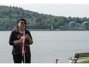 Chief Maureen Thomas of the Tsleil-Waututh Nation announces a legal challenge of Kinder Morgan's TransMountain pipeline project in May 2014.