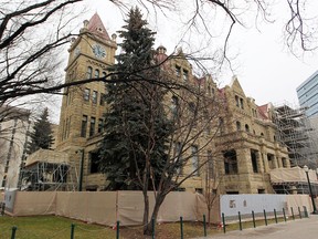 Construction is undergoing to repair the sandstone exterior of Old City Hall on Nov. 3, 2015.