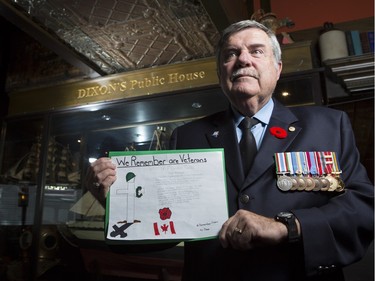 Michael Scott, a decorated veteran, was impressed with his Remembrance Day after he not only received a hand drawn picture from a child at a Remembrance Day service, but was also given a free meal at his favourite watering hole, Dixon's Public House, in Calgary, on November 12, 2015, in honour of his and all veterans sacrifices and service.