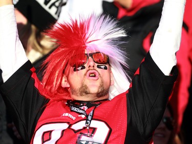 A fan celebrates a touchdown as the Calgary Stampeders hosted the B.C. Lions in the CFL's West Division semifinal on November 15, 2015 at McMahon Stadium.