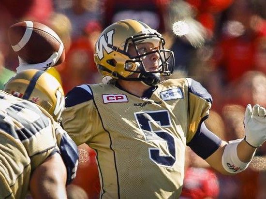 Winnipeg Blue Bombers quarterback Drew Willy throws the ball during first quarter CFL football action against the Calgary Stampeders in Calgary on July 18, 2015.