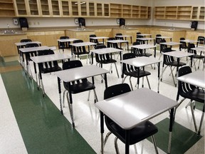 EDMONTON, ALBERTA: August 18-2010: Lori Nagy, spokesperson for the Edmonton Catholic schools gave the media a tour of the three new Catholic  schools that will open in suburban neighbourhoods this fall.  New classrooms with clean desks  at Monsignor Fee Otterson located at 1834 Rutherford Road SW on August 18. (Photo by  Brian J. Gavriloff / Edmonton Journal)