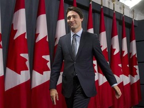 Prime Minister Justin Trudeau concludes news conference after chairing a meeting with his cabinet on Parliament Hill, in Ottawa, Thursday November 12, 2015. THE CANADIAN PRESS/Fred Chartrand