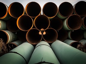 Miles of unused pipe, prepared for the proposed Keystone XL pipeline, sit in a lot on Oct. 14, 2014 outside Gascoyne, North Dakota.