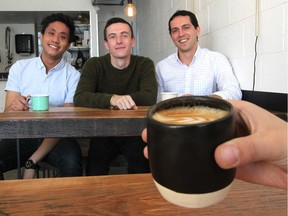 Monogram Coffee partners, from left, Jeremy Ho, Ben Put and Justin Eyford were photographed in their soon to be opened expansion on October 21, 2015. Put recently won his third consecutive national barista championship.