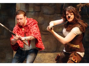 Alberta Theatre Projects cast members, from left, Mike Iohaus, playing the Hero, and Rebecca Northan, playing Mumpling, ran through a scene of the new holiday play Legend Has It on November 24, 2015. (Colleen De Neve/Calgary Herald)