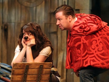 Alberta Theatre Projects cast members, from left, Rebecca Northan, playing Mumpling, and Mike Iohaus, playing the Hero, ran through a scene of the new holiday play Legend Has It on November 24, 2015.