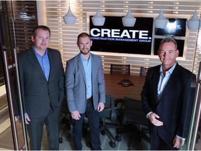 CREATE. Construction Management Groups' Allen Clayton, Jim Madden and Bart Hribar in their new Calgary office on Oct. 29, 2015.
