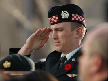 Captain Andrew Pittet of the Calgary Highlanders during the annual Remembrance Day ceremony at Central Memorial Park.