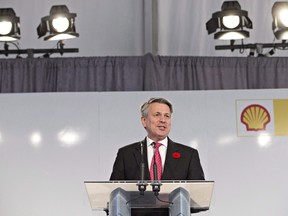 CEO of Royal Dutch Shell Ben van Beurden speaks during the opening of Quest carbon capture and storage in Fort Saskatchewan Alta, on Friday November 6, 2015. Quest is designed to capture and safely store more than one million tonnes of CO2 each year an equivalent to the emissions from about 250,000 cars.