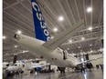 Bombardier's new CS300 is seen before its' maiden test flight, at a hanger in Mirabel, Que., on February 27, 2015.