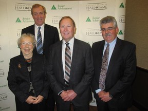 Pictured, from left, at Junior Achievement Calgary Business Hall of Fame reception and dinner are the legendary entrepreneurs who were honoured this night. Sonia Scurfield representing her late husband Ralph T. Scurfield, John Dielwart, Keith MacPhail and Doug Ramsay.