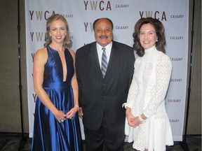 More than 500 people attended the YWCA's signature fundraising initiative-Why Whisper Gala held Nov 19 at the Calgary Telus Convention Centre. Pictured is keynote speaker Martin Luther King III with gala chair Rebecca Morley (left) and honourary chair Leslie O'Donoghue (right).