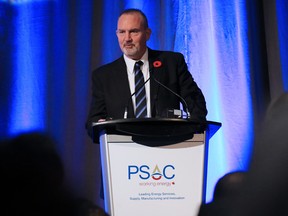 Mark Salkeld,  President and CEO of PSAC, Petroleum Services Association of Canada, speaks at the 2016 drilling forecast for Alberta at the Telus Convention Centre on Tuesday afternoon November 3, 2015.