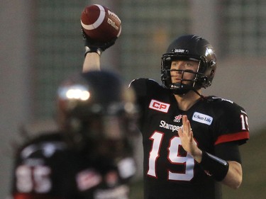 Calgary Stampeders quarterback Bo Levi Mitchell throws a pass in the second half of the CFL's West Division semifinal against the B.C. Lions at McMahon Stadium. Calgary won the game 35-9.