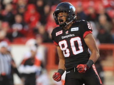 Calgary Stampeders receiver Eric Rogers celebrates a pass completion during the second half of the CFL's West Division semifinal at McMahon Stadium. Calgary won the game 35-9.