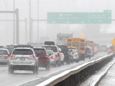 Traffic crawls along Deerfoot Trail South at Douglasdale Boulevard. There are many reasons why the daily commute on Calgary roads is marred by a high toll of accidents.