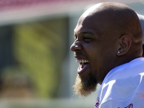 Calgary Stampeders linebacker Juwan Simpson, seen in a 2014 file shot, brought his energy to the practice field on Tuesday as he works to return from an injury.