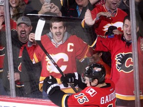 CALGARY.;  NOVEMBER 20, 2015  -- Calgary Flames Johnny Gaudreau celebrates his overtime goal on Chicago Blackhawks during their game at the Scotiabank Saddledome in Calgary on November 20, 2015. Photo Leah Hennel, Calgary Herald (For Sports story by Scott Cruickshank)