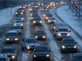 Weather slows down traffic along Crowchild Trail in Calgary last Tuesday. The city needs to find ways to make car travel greener.