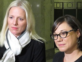 Federal Environment Minister Catherine McKenna (left) and her provincial counterpart Shannon Phillips speak to the media Wednesday, Nov.18, 2015 following a meeting at the Alberta legislature in Edmonton.