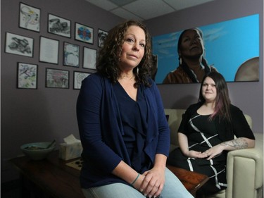 Aboriginal Standing Committee on Housing and Homelessness co-chair Katelyn Lucas, left, and Elizabeth Fry Socity of Calgary Evaluation Specialist Erin Ramsperger are both part of a small group developing a program that would provide measured doses of alcohol to chronically addicted clients, those who abuse mouthwash and hand sanitzer. The idea is they could get back to some kind of a normal life if their alcohol consumption is controlled and they don't have to chase after it. They were photographed on October 30, 2015.