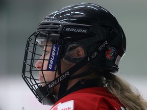 Calgar Inferno rookie Elana Lovell looks for a pass during Sunday's meeting against the Les Canadiennes Montreal in Canadian Women's Hockey League action.