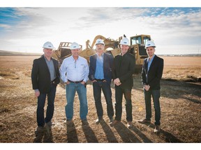 From left, Mattamy Homes' vice-president of sales and marketing Warren Saunders, division president Don Barrineau, vice-president of land development Peter Lewandowski, vice-president of land development Collin Campbell and land development manager Mark Bortoluzzi on land planned for Carrington.