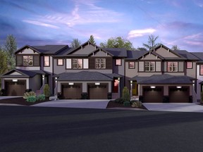 An artist's rendering of the front exterior of a new townhouse development by Stepper Custom Homes.