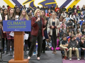 Alberta premier Rachel Notley explains the NDP government's climate change plan to students at Queen Elizabeth High School in Edmonton on November 25, 2015.