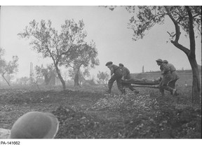 From the Book Our Finest Hour by David Bercuson
A Canadian Regimental Aid Party carrying a wounded soldier, Italy, October 1943
Source: Library and Archives Canada/Department of National Defence fonds/PA-141662