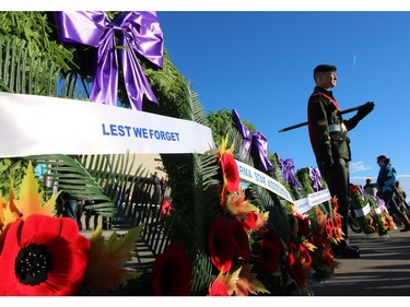 Regimental Sgt. Major Travis Nickel with the PPCLI cadet corps stands amongst Remembrance Day wreaths at the Military Museums on Remembrance Day 2015.