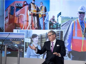 Canadian Pacific Railway CEO Hunter Harrison speaks at the company's annual meeting in Calgary, Alberta. Canadian Pacific offered more details and defended its offer to join two of North America's biggest railroads this week.
