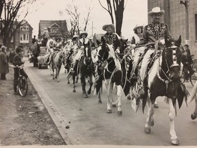 Calgarians on horses in the pre-game Grey Cup parade in Toronto on  Nov. 27, 1948.