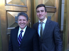 Lawyer Dale Fedorchuk with client, Olympic medallist speed skater Denny Morrison, outside court on Nov. 26 after charges were dropped against him for failing to yield with his motorcycle at a yellow light.