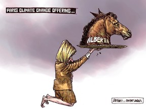 John Larter editorial cartoon for Nov. 24, 2015: Rachel Notley serves up Alberta's head on a plater at Paris climate change talks.
