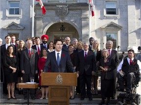 Prime Minister Justin Trudeau holds a news conference with his cabinet after they were sworn-in at Rideau Hall on Nov. 4.