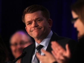 Wildrose Leader, Brian Jean, addresses delegates at AGM that will also include a leadership vote later in the evening, in Calgary on November 13, 2015.