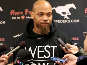 Calgary Stampeders linebacker Juwan Simpson talks to media in Calgary on Monday a day after the team's loss to the Edmonton Eskimos in the West Final.