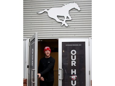 Calgary Stampeders quarterback Bo Levi Mitchell leaves their locker room in Calgary on November 21, 2015, a day after losing the Western Final.