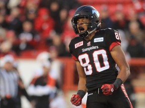 Calgary Stampeders receiver Eric Rogers celebrates a pass completion during the second half of the CFL's West Division semifinal at McMahon Stadium. Calgary won the game 35-9.