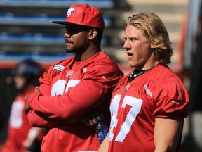 Gavin Young, Calgary Herald CALGARY, AB: SEPTEMBER 02, 2015 - Calgary Stampeders linebacker Corbin Sharun, right, watches a drill during practise on Wednesday September 2, 2015. (Gavin Young/Calgary Herald) (For Sports section story by Rita Mingo) Trax# 00068113A