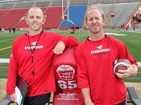 In this 2009 file photo, the Dickenson brothers, Craig, left, and Dave pose for a photo at McMahon Stadium. Speculation is running rampant that Craig — currently leading the Edmonton Eskimos' sepcial teams unit into the Grey Cup — will join his brother, the new Stamps head coach, on his staff next season.