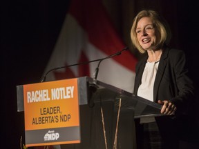 Premier Rachel Notley talks in Calgary, on November 26, 2015.